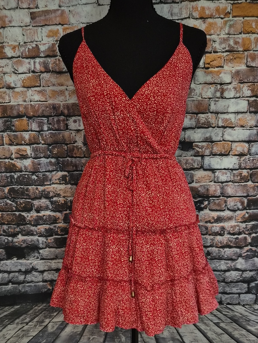 Hello Molly Just Like Honey Red Printed Tiered Spaghetti Strap Mini Dress